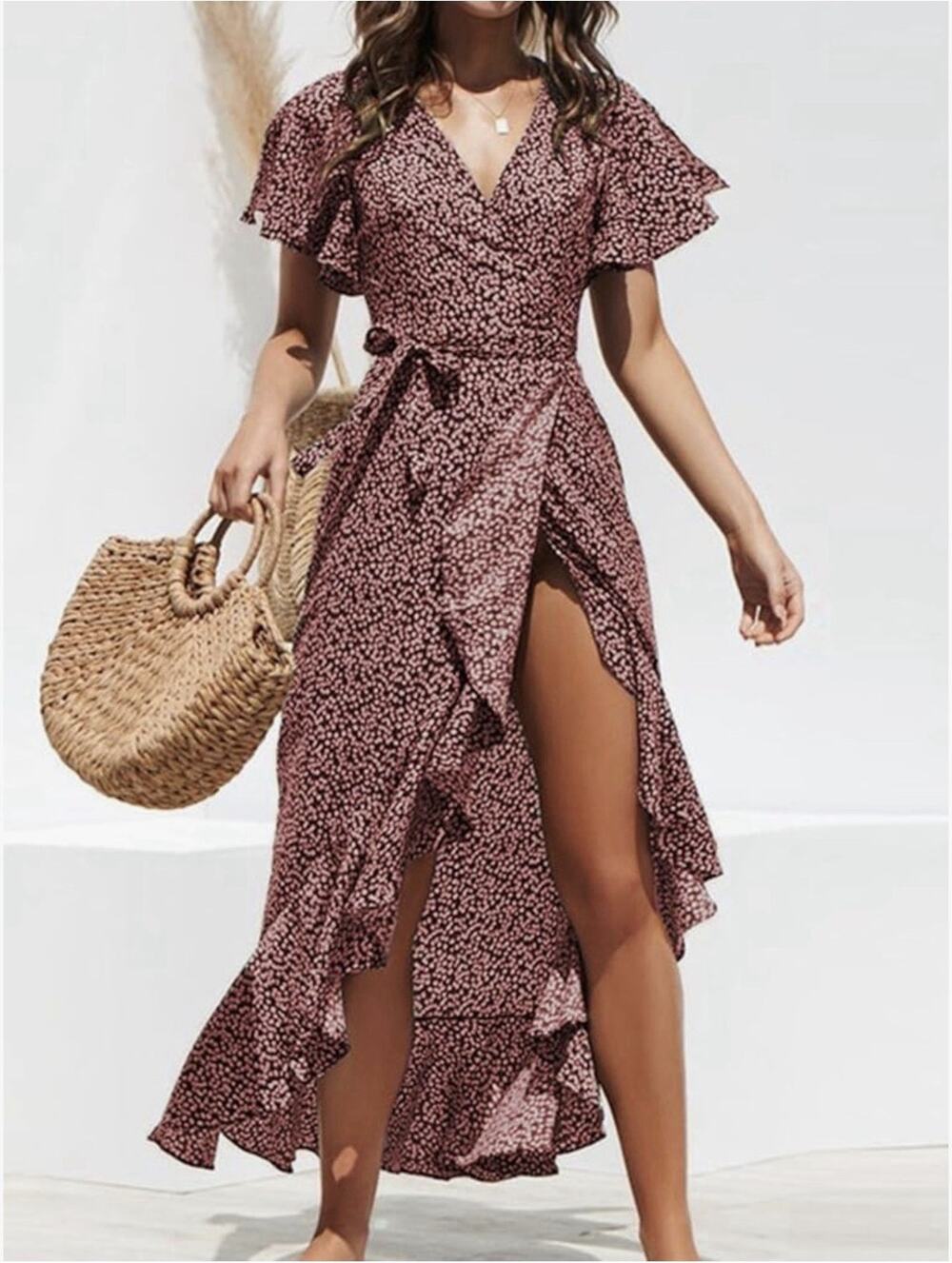 CUPSHE Women's Summer Wrap Maxi Dress Casual Split Flared Short Sleeve Tie Waist